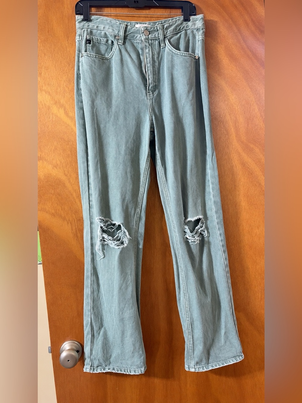 KanCan Boyfriend Jeans in Faded Teal Green with Knee Rips
